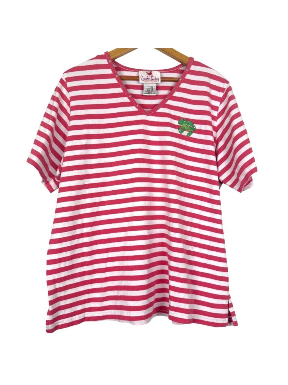 Quacker Factory Womens XL Striped V Neck Top Embroidered Frog Rhinestone Pink